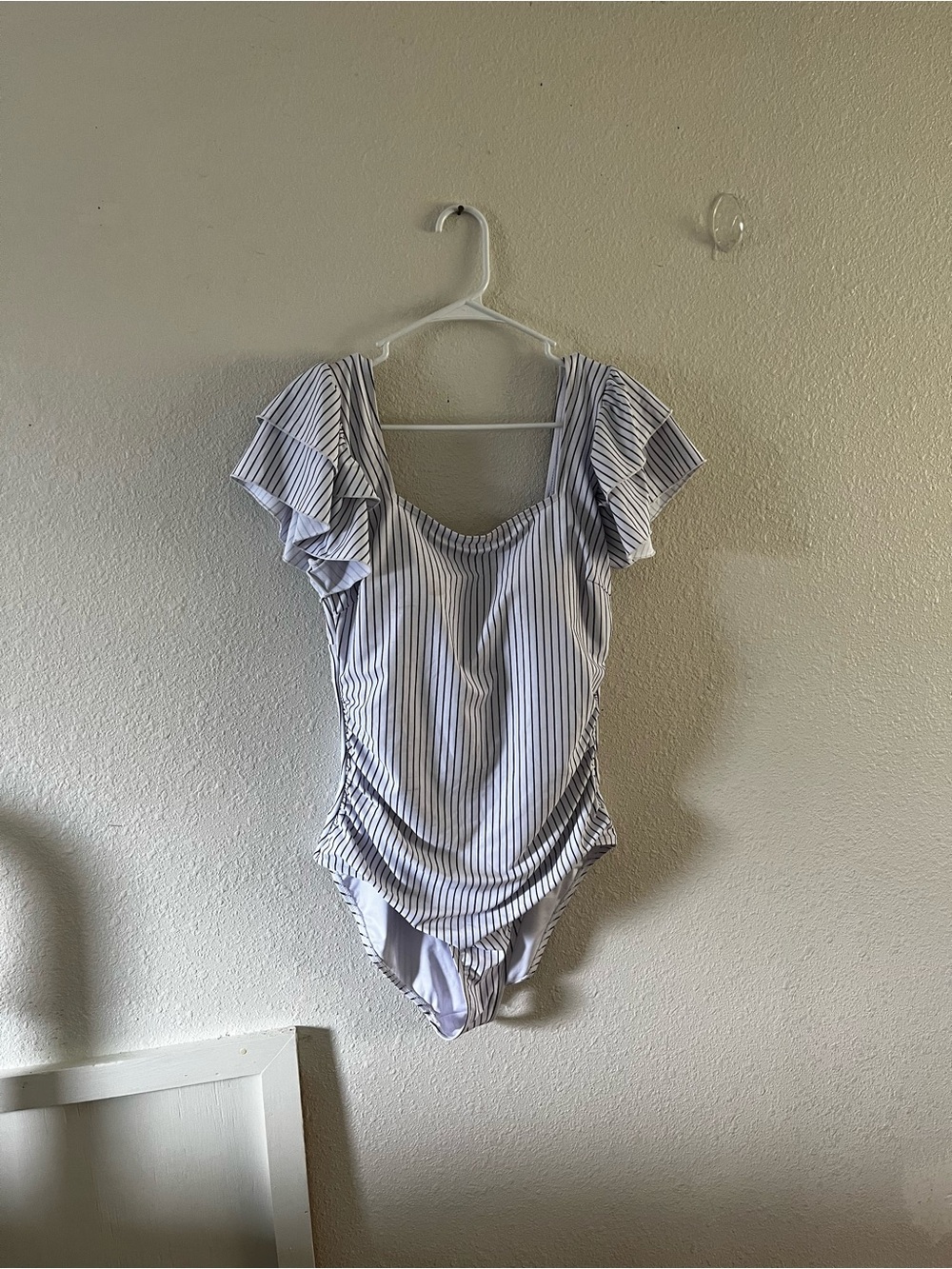 Striped Flutter-Sleeve One-Piece Swimsuit - White & Navy